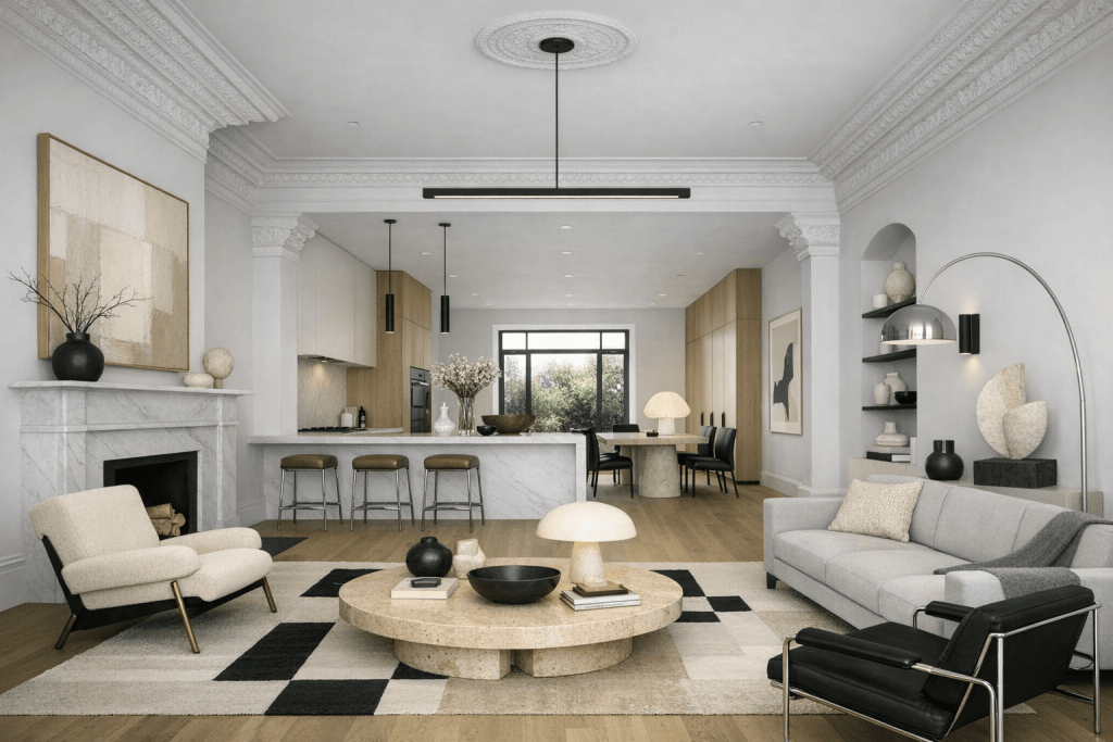 Open layout improving natural light flow in London period home renovation.